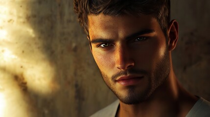 serious intense male model close-up with striking blue eyes and tousled hair, posing for camera