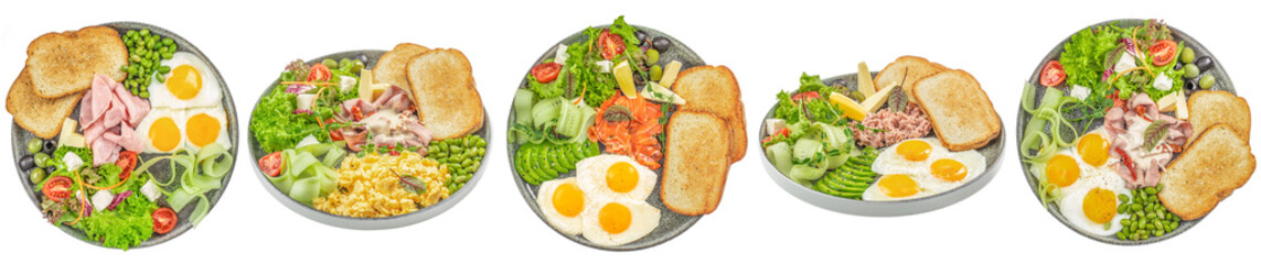 Set with different types of breakfast egg meat ham salmon toast salad isolated on white background. top view