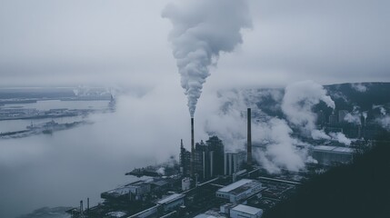 Fototapeta premium Smoke clouds from an industrial factory mix with the grey sky, highlighting the environmental concerns associated with industrial activity