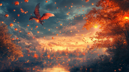 A majestic red dragon soars through a sky filled with glowing lanterns, casting an enchanting spell over a mystical autumn forest.