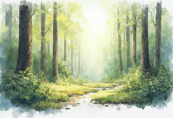 Obraz premium Illustration of watercolor forest with trees, natural landscape background
