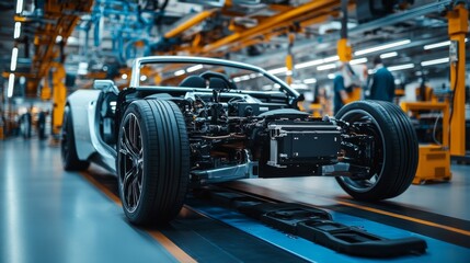 Fototapeta premium Electric sports car manufacturing in a modern factory