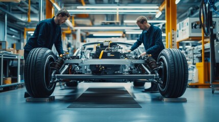 Automotive assembly line with two technicians working on a vehicle chassis