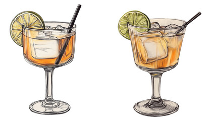clipart set of two glasses of gin and tonic / cocktails  isolated on a transparent background,  watercolor drinks clipart illustration	