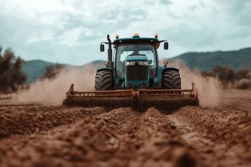 Fototapeta premium A blue tractor aggressively plowing through a field, creating lines in the soil, with mountains in the background under a partly cloudy sky, emphasizing agricultural toil and technology.