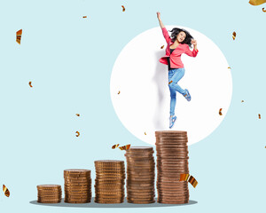 positive young women jumping in air over colorful backgrounds. Success WIN Concept. Art collage.
