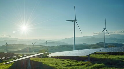Wind Turbines and Solar Panels in a Lush Green Field Under a Bright Sky