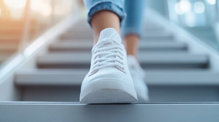 A close-up image of a person walking up a staircase wearing white sneakers, showcasing the footwear and part of the lower legs, captured in a modern setting.
