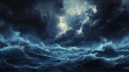 Obraz premium Visualize a stormy ocean with turbulent waves and a sky filled with dark, menacing clouds, creating a dramatic and intense atmosphere over the seascape