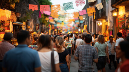 Obraz premium A bustling street market with colorful papel picado banners overhead and people shopping among vibrant stalls under warm lighting during an evening festival.