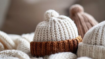 Obraz premium Cozy Knitted Winter Hats Display on a Comfortable Couch