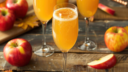 Fototapeta premium Festive Mimosa Cocktail in Elegant Glass with Christmas Decorations. Apple Cider Mimosa