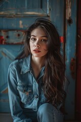 Fototapeta premium Stunning Young Woman in Casual Denim Outfit Posing by Blue Door