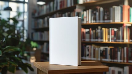 Blank Hardcover Book Standing on a Wooden Desk in Library