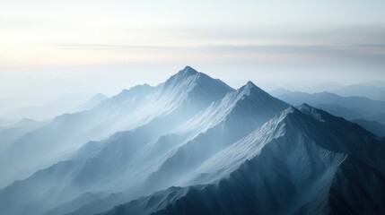 A breathtaking serene mountain range covered in mist during dawn, showcasing the tranquility and pristine nature of the landscape with soft light and shadows.