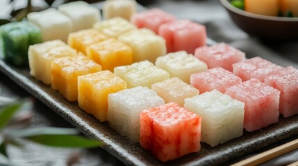 A close-up of Korean traditional rice cakes, or tteok, presented in an elegant setting with colorful, bite-sized pieces ready to enjoy.