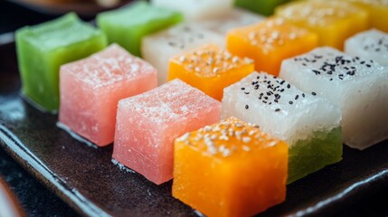 A close-up of Korean traditional rice cakes, or tteok, presented in an elegant setting with colorful, bite-sized pieces ready to enjoy.