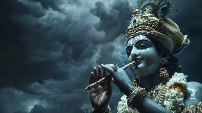 Serene Lord Krishna Playing Flute Under Stormy Sky