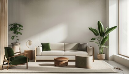 Modern Living Room Interior with Comfortable Furniture and Green Plants