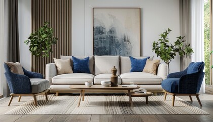 Fototapeta premium Modern Living Room Interior with Blue Accents and Green Plants