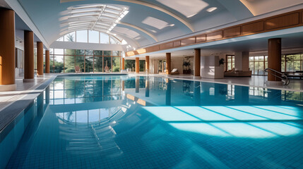 Fototapeta premium Wide angle view of a standard size indoor swimming pool.