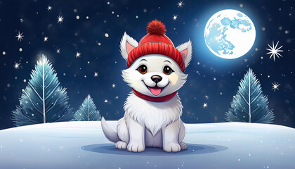 A cute puppy wearing a red hat sits on the snow