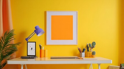 A colorful minimalist workspace with a clean desk, featuring a single vibrant piece of art and a few brightly colored office supplies, keeping the focus clear.