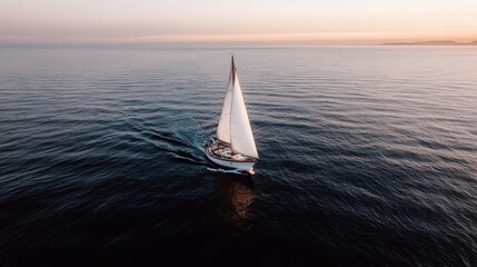 Fototapeta premium An aerial view of a sailboat sailing peacefully on calm ocean water during sunset, capturing the essence of tranquility, calmness, and the beauty of nature.