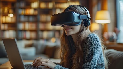 Cropped shot of a young female student wearing a VR glasses and using a laptop.