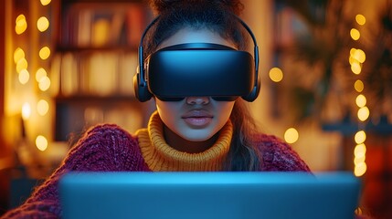 Obraz premium Cropped shot of a young female student wearing a VR glasses and using a laptop.