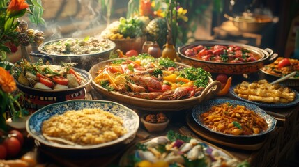 Fototapeta premium A culinary journey through a global food festival featuring dishes from Italy, China, Thailand, and Turkey, with vibrant visuals of each country's specialties.