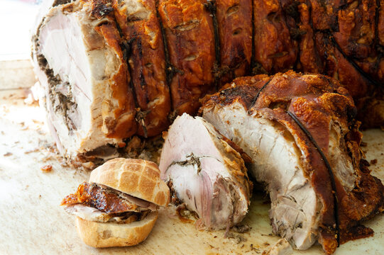 porchetta di Ariccia is a street food typical baked pork meat cooked whole with herbs and spices in the Lazio region near Rome in the Castelli Romani area