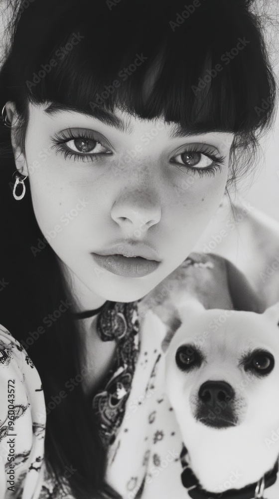 Poster A black and white photo of a woman holding a dog