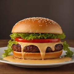 Restaurant burger hamburger cheeseburger dinner.Unhealthy sandwich meal lettuce beef meat tomato fast food bread cheese grilled onion bun ready-to-eat bacon gourmet ketchup french fries Photography
