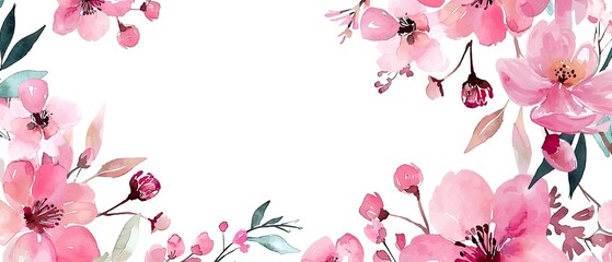 Watercolor Pink Flowers with Green Leaves Border