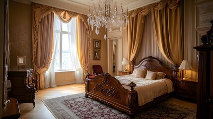 Fototapeta premium Beautifully decorated classic bedroom interior featuring a grand wooden bed frame with luxurious drapes and a sparkling crystal chandelier creating a sophisticated and inviting atmosphere