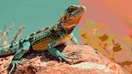 Fototapeta premium View of a lizard sunbathing on a rock flat design front view desert dweller theme water color Triadic Color Scheme
