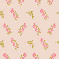 Hand drawn colorful flowers on light pink background, seamless pattern. Botanical floral linocut textured backdrop, vintage retro vibes.