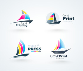 Obraz premium Logo Set Sailboat CMYK Print theme. Abstract boat silhouette ink cmyk color sail. Template design vector.