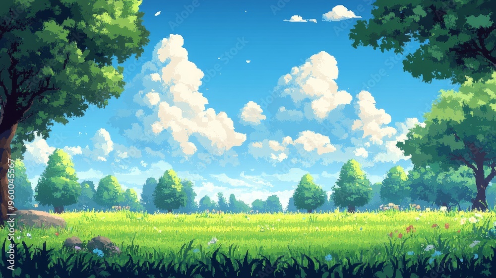 Wall mural idyllic summer day in a vast green field