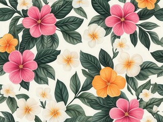 Obraz premium A vibrant floral pattern featuring colorful flowers and lush green leaves, perfect for backgrounds and textile designs.