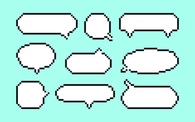 Obraz premium Pixel white Speech Bubbles set for computer game. Message box, chat empty retro clouds in 8 bit art, icons. Comic blank elements for dialogues of discussion and thoughts.