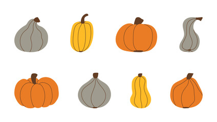 Autumn Pumpkins hand drawn set. Colorful illustration of harvest products on farm and garden in doodle style. Healthy food, vegetables in bright colors for decorating Fall posters banners and cards