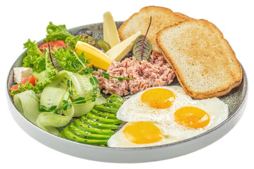 Healthy breakfast or lunch Avocado, canned tuna and egg toast on plate isolated on white background. top view