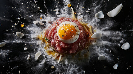 A dynamic food splash featuring raw meat and an egg, set against a dark background, creating an artistic culinary explosion.