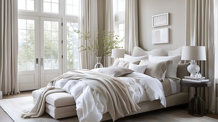 Describe the serene vibe of a bedroom with soft, neutral tones and layered bedding 