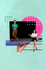 Vertical composite collage image picture of arm hold laptop two mini people isolated on creative background