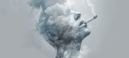 A head with smoke is smoking a cigarette in the top stock photo