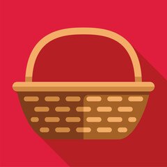 Empty wicker basket standing on red background, flat design icon with long shadow