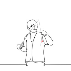 man with a fishing rod with a red float - one line art vector. concept fisherman fishing